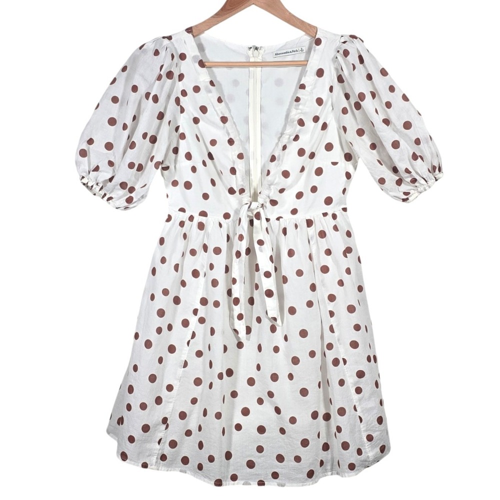 Abercrombie & Fitch Cinch front Mini Dress Size Small White Brown Polka Dot - Picture 2 of 8